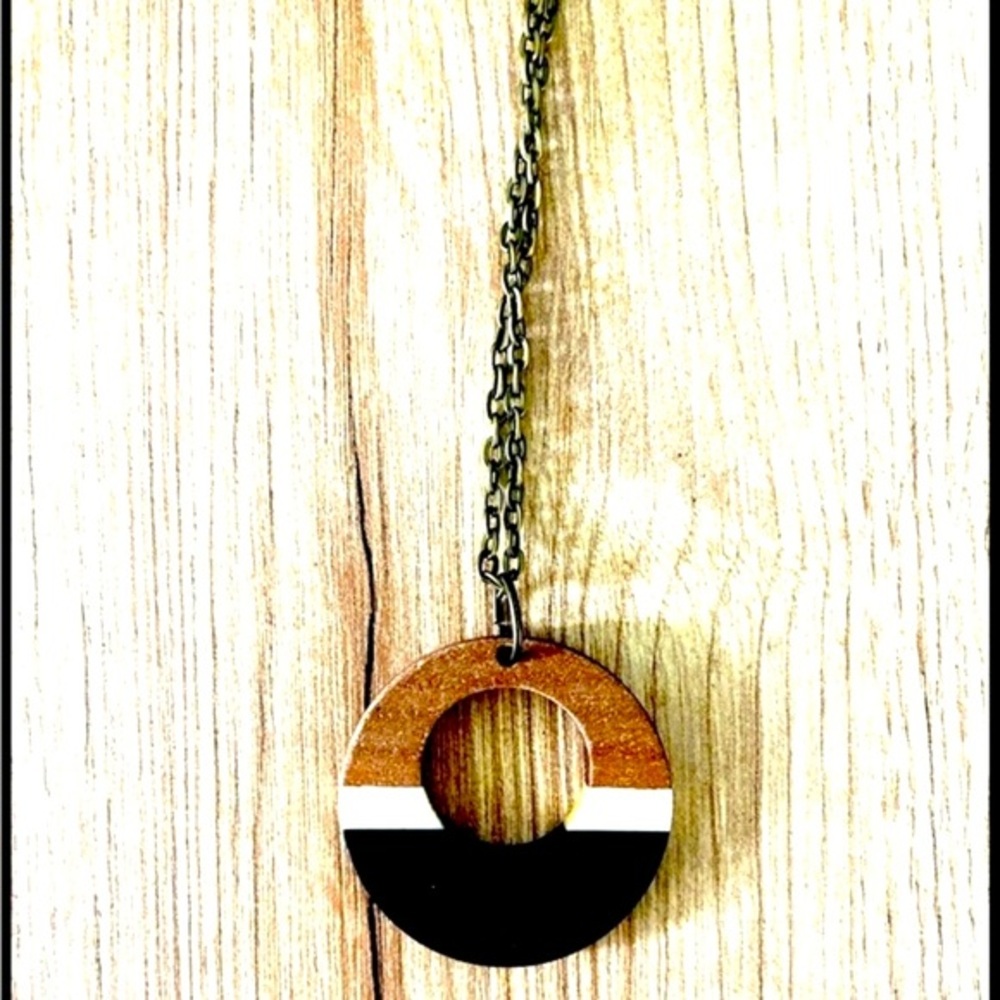 Wood & Black and White Resin Geometric Pendant Necklace, NWT, Handmade